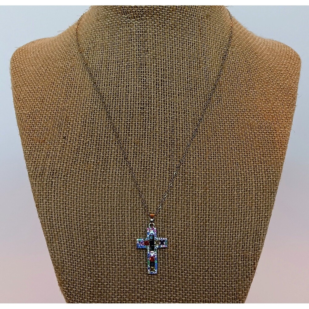 Dainty Silvertone Multi Color Crystal Cross Necklace 16-18 in